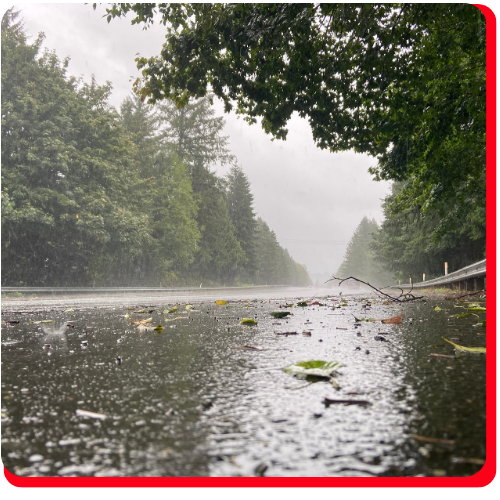 Flooded road surface covered with rainwater and scattered debris during a storm, highlighting the importance of commercial stormwater management to prevent roadway flooding and maintain public safety.