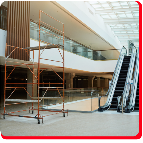Interior scaffolding setup during commercial storm damage repair inside Toronto office building