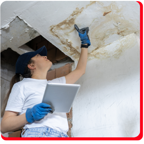 Restoration technician assessing structural water damage from roof leaks inside a Toronto commercial facility Restoration technician assessing structural water damage from roof leaks inside a Toronto commercial facility