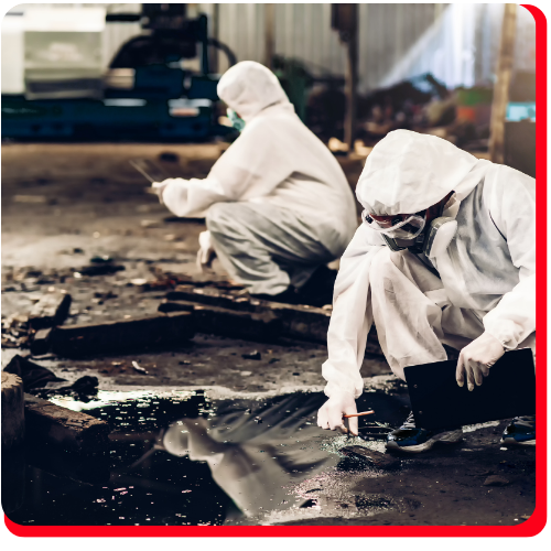 Hazmat team in protective suits collecting samples and inspecting liquid contamination on the floor during an industrial chemical spill cleanup in Toronto.