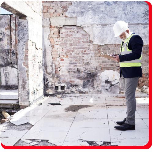 Commercial property damage assessment in Toronto, Ontario, showing an inspector in a hard hat and safety vest taking notes on a clipboard inside a partially demolished building with exposed brick walls and cracked tile flooring.