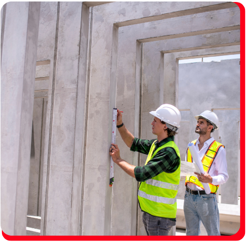 Construction workers in Toronto, Ontario, Canada inspecting and measuring concrete structures during a commercial building restoration project, wearing safety helmets and reflective vests.