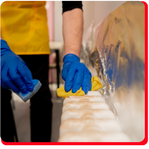 Gloved worker performing emergency mould cleaning on a contaminated commercial surface with sponges.