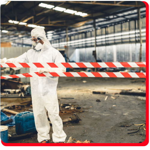 Emergency spill response technician in full hazmat suit securing a contaminated industrial zone in Toronto with red and white hazard tape.