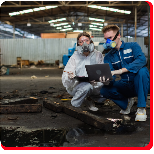 Hazmat professionals conducting emergency spill response assessment with a laptop at a contaminated industrial site in Toronto.