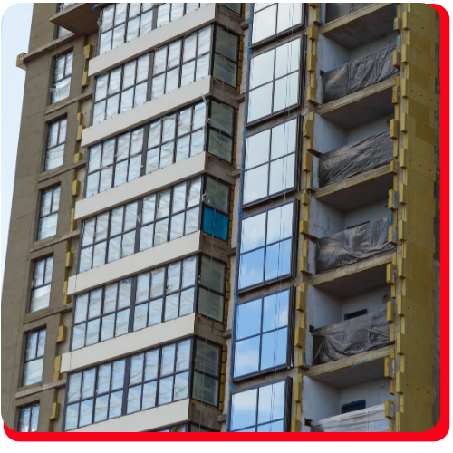 High rise residential building in Toronto undergoing restoration work, featuring window panel replacements, sealed balconies with protective plastic sheeting, and exposed insulation for facade upgrades.