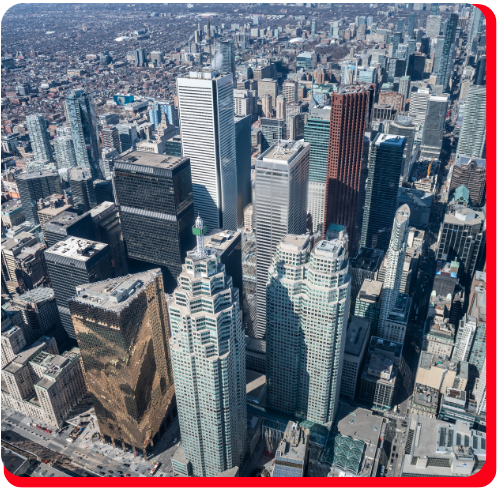 Aerial view of Toronto’s downtown core filled with high rise towers and skyscrapers, highlighting the scale of restoration and exterior maintenance opportunities for commercial and residential buildings.