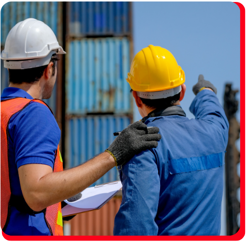 Two industrial safety inspectors wearing hard hats and reflective vests assess an accident site with cargo containers in the background, representing industrial accident cleanup in Toronto. Two industrial safety inspectors wearing hard hats and reflective vests assess an accident site with cargo containers in the background, representing industrial accident cleanup in Toronto.