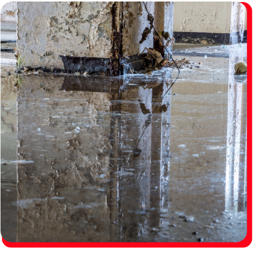 Standing water pooling on a deteriorated concrete floor inside a large commercial building, showing severe flood damage and peeling wall paint — an example of large loss restoration in Toronto, Ontario, Canada.