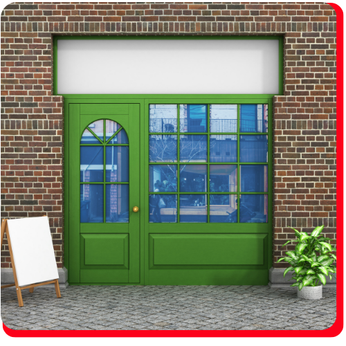 Restored brick storefront in Toronto featuring clean brickwork, a bright green door and window frame, blue glass panes, and sidewalk details showcasing masonry restoration craftsmanship