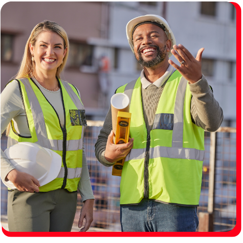 Two smiling construction professionals wearing reflective vests and hard hats stand on a post-construction cleanup site in Toronto, Ontario, Canada, holding safety gear and construction documents.