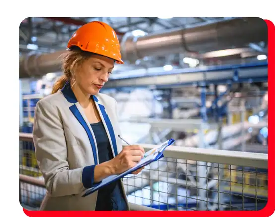 A woman in an orange hard hat and blazer writes on a clipboard inside an industrial facility with metal railings and machinery, overseeing commercial restoration efforts focused on fire damage restoration. She monitors the progress of commercial fire restoration and ensures compliance with safety standards often needed after fire or water damage restoration, highlighting the importance of both commercial water damage restoration and fire recovery processes.