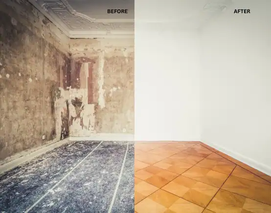 Split image of a room: the left side displays fire and water damage with a worn, unfinished wall and floor before commercial restoration, while the right side features the results of professional commercial fire damage restoration and commercial water damage restoration—a clean, newly painted wall and polished wooden floor. Before and After labels are at the top.