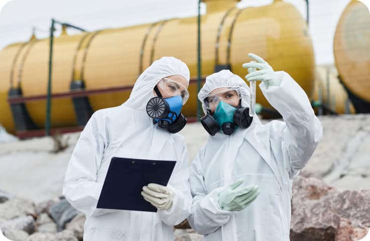 Two people in hazmat suits and respirators examine a test tube and clipboard outdoors, with large industrial tanks behind them, during a commercial water damage restoration process that may also include fire damage restoration as part of comprehensive commercial restoration or commercial fire restoration services.