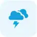 Blue weather icon displaying two clouds with a lightning bolt underneath, representing a thunderstorm on a light blue background. Perfect for commercial restoration marketing, including fire damage restoration, water damage restoration, commercial fire restoration, and commercial water damage restoration services.