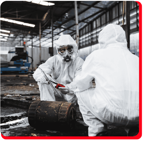 Two people in full white hazmat suits and masks perform commercial fire restoration in an industrial environment, kneeling near heavy equipment and debris. The scene illustrates the process of commercial restoration after fire damage, with professionals working to address the aftermath typical of both fire damage restoration and commercial water damage restoration projects.