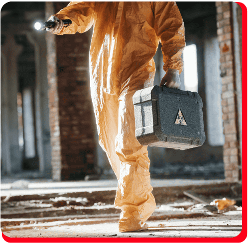 Person in a yellow hazmat suit walks through an abandoned, partially lit building with debris scattered on the floor, holding a flashlight and a case marked with a hazard symbol—depicting the complex challenges involved in commercial restoration projects such as commercial fire restoration, commercial water damage restoration, and overall water damage or fire damage restoration for businesses.