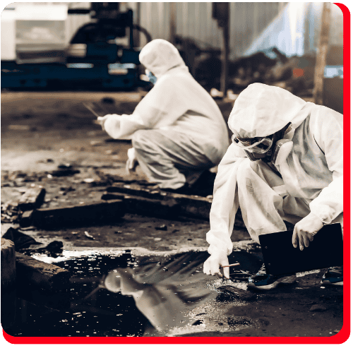 Two people in protective suits and goggles examine or collect samples from the ground at a commercial site, likely for fire damage restoration or water damage restoration, highlighting procedures involved in commercial restoration services within hazardous environments.