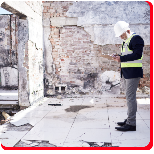 Commercial property damage assessment in Toronto, Ontario, showing an inspector in a hard hat and safety vest taking notes on a clipboard inside a partially demolished building with exposed brick walls and cracked tile flooring.