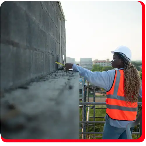 A construction worker in a safety vest and helmet measures a concrete wall with a tape measure at a building site, surrounded by greenery and nearby buildings—demonstrating an important process in commercial restoration services such as fire damage restoration, water damage restoration, commercial fire restoration, and commercial water damage restoration.