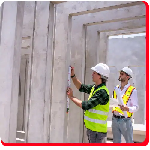 Two construction workers in safety vests and helmets measure a concrete doorway with a tape measure at a building site, surrounded by unfinished concrete walls—a vital process in commercial restoration, water damage restoration, commercial fire restoration, and commercial water damage restoration projects.