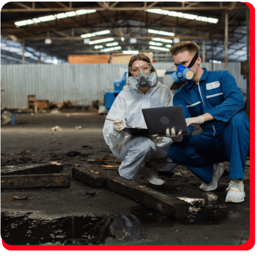 Two people in protective suits and masks review data on a laptop while inspecting a dirty industrial warehouse with debris and water puddles on the ground, highlighting commercial restoration work focused on fire damage restoration and water damage restoration. The scene emphasizes commercial fire restoration and commercial water damage restoration efforts.