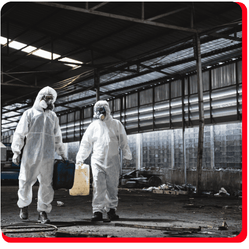 Two people in white hazmat suits and masks walk through an abandoned warehouse filled with debris, carrying containers as part of a commercial restoration effort for fire damage restoration or water damage restoration. The scene reflects the cleanup process after a commercial fire restoration or commercial water damage restoration project.