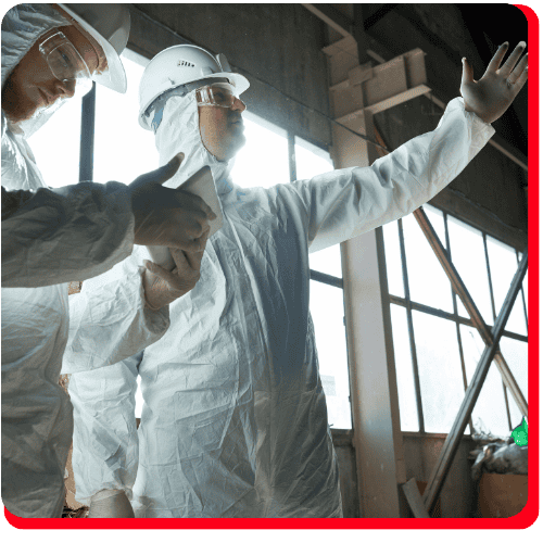 Two professionals in white protective suits, helmets, and safety glasses stand indoors at a commercial restoration site; one points while the other holds a tablet, discussing fire damage restoration or water damage restoration plans. Sunlight streams through large windows behind them, highlighting the focus on commercial fire restoration and commercial water damage restoration services.