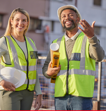 Two construction workers in yellow safety vests and hard hats stand on a commercial restoration site. One worker, involved in fire damage restoration and water damage restoration projects, holds a blueprint and level while smiling and gesturing. The other, experienced in commercial fire restoration and commercial water damage restoration, smiles holding a helmet.