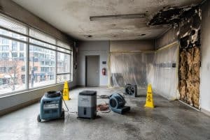 A commercial space with fire and smoke damage, exposed insulation, drying equipment for water damage restoration, yellow caution signs, and plastic sheeting covering one wall demonstrates the urgent need for commercial restoration services—including fire damage restoration and commercial water damage restoration. Large windows display neighboring buildings outside.