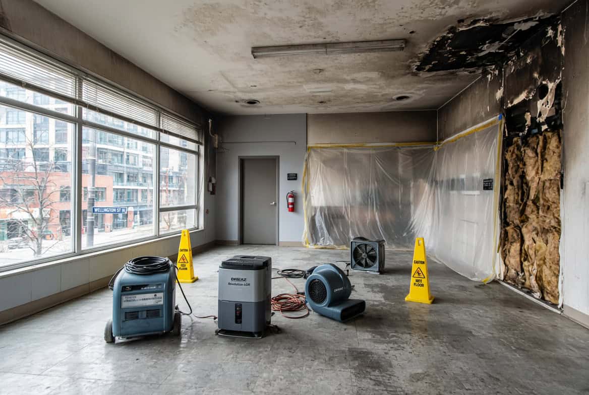 A commercial space with fire and smoke damage, exposed insulation, drying equipment for water damage restoration, yellow caution signs, and plastic sheeting covering one wall demonstrates the urgent need for commercial restoration services—including fire damage restoration and commercial water damage restoration. Large windows display neighboring buildings outside.