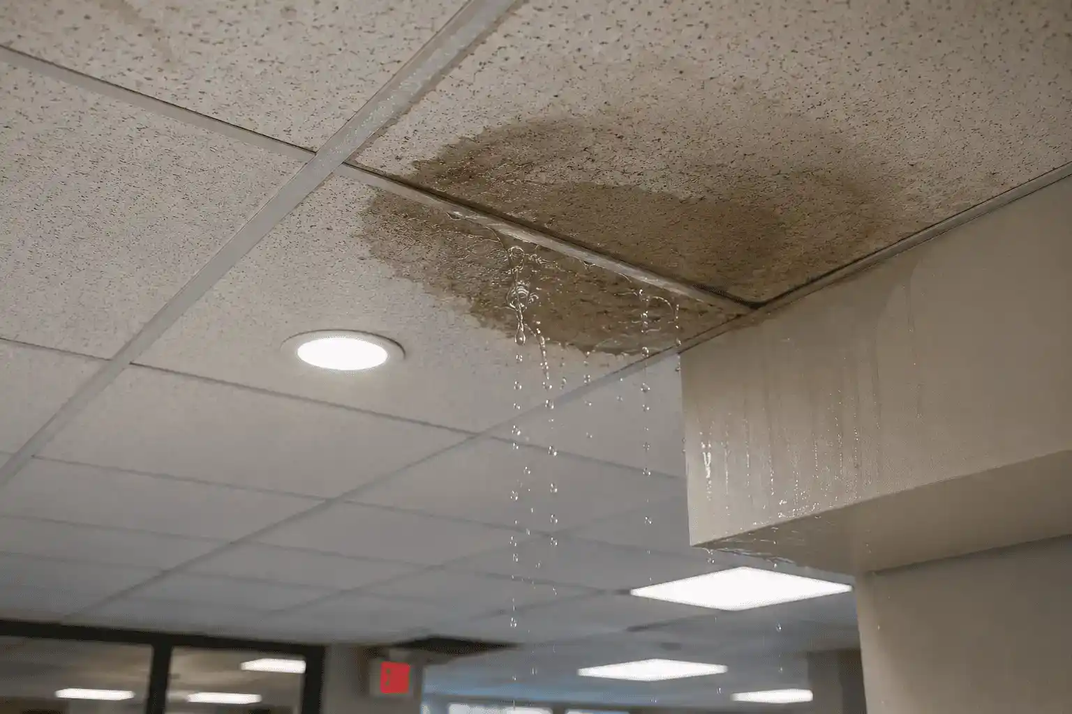 Water leaks from a stained ceiling tile, forming a puddle on the floor below, illustrating the need for commercial water damage restoration. Surrounding tiles and ceiling lights are visible, emphasizing indoor water damage commonly addressed in commercial restoration and commercial fire restoration services.