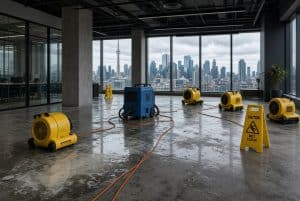 Several yellow floor dryers and a blue dehumidifier, key equipment for commercial water damage restoration and fire damage restoration, are drying a wet office floor. Caution Wet Floor signs indicate ongoing commercial restoration work. Large windows showcase a city skyline in the background, highlighting the setting of commercial fire restoration or water remediation efforts.