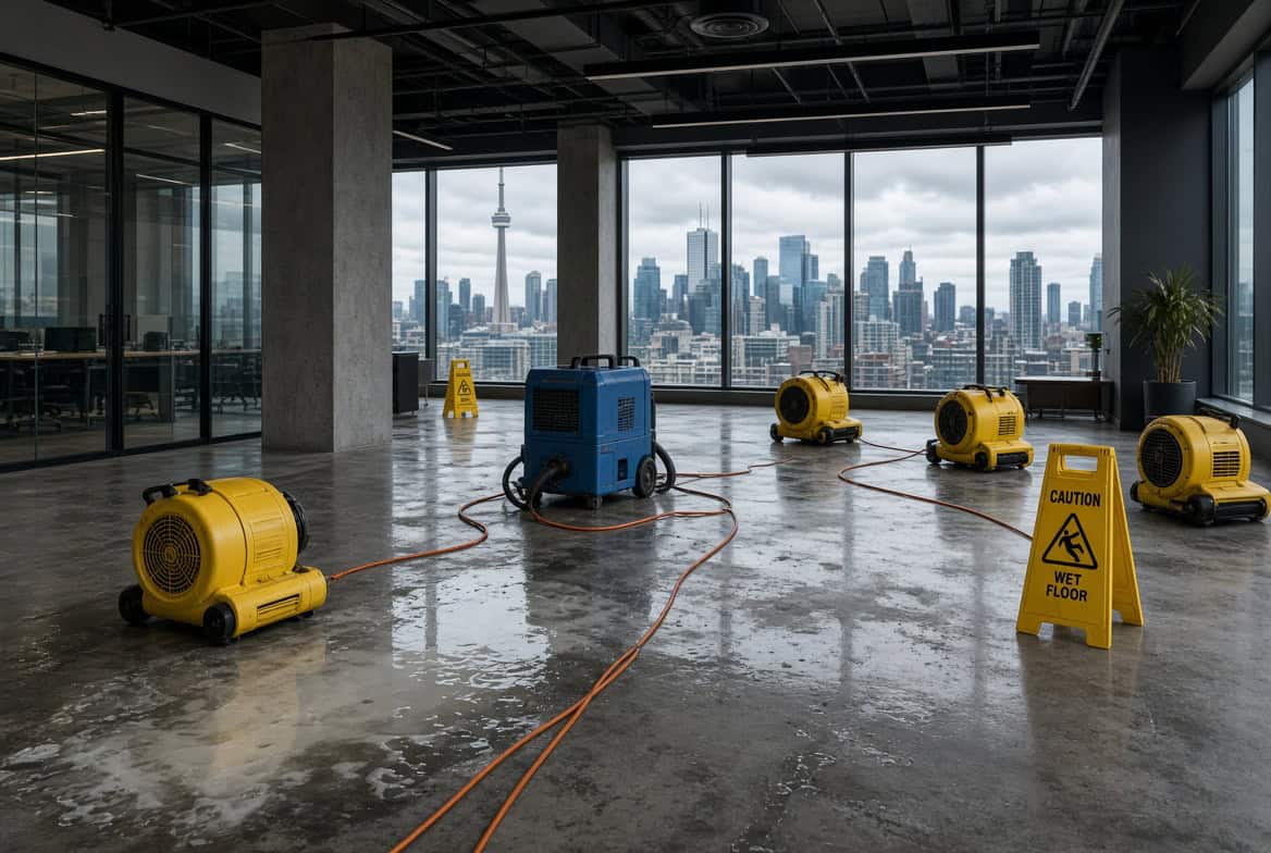 Several yellow floor dryers and a blue dehumidifier, key equipment for commercial water damage restoration and fire damage restoration, are drying a wet office floor. Caution Wet Floor signs indicate ongoing commercial restoration work. Large windows showcase a city skyline in the background, highlighting the setting of commercial fire restoration or water remediation efforts.