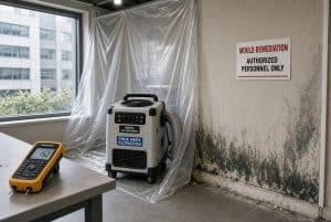 A HEPA air scrubber is positioned near moldy walls covered with black mildew, highlighting active commercial restoration work as part of water damage restoration. A meter displaying 15.2 rests on a counter below a sign stating MOULD REMEDIATION AUTHORIZED PERSONNEL ONLY, underscoring the specialized nature of commercial fire restoration and commercial water damage restoration efforts. Plastic sheeting covers one corner, further emphasizing ongoing professional fire damage and water damage remediation in this commercial space.