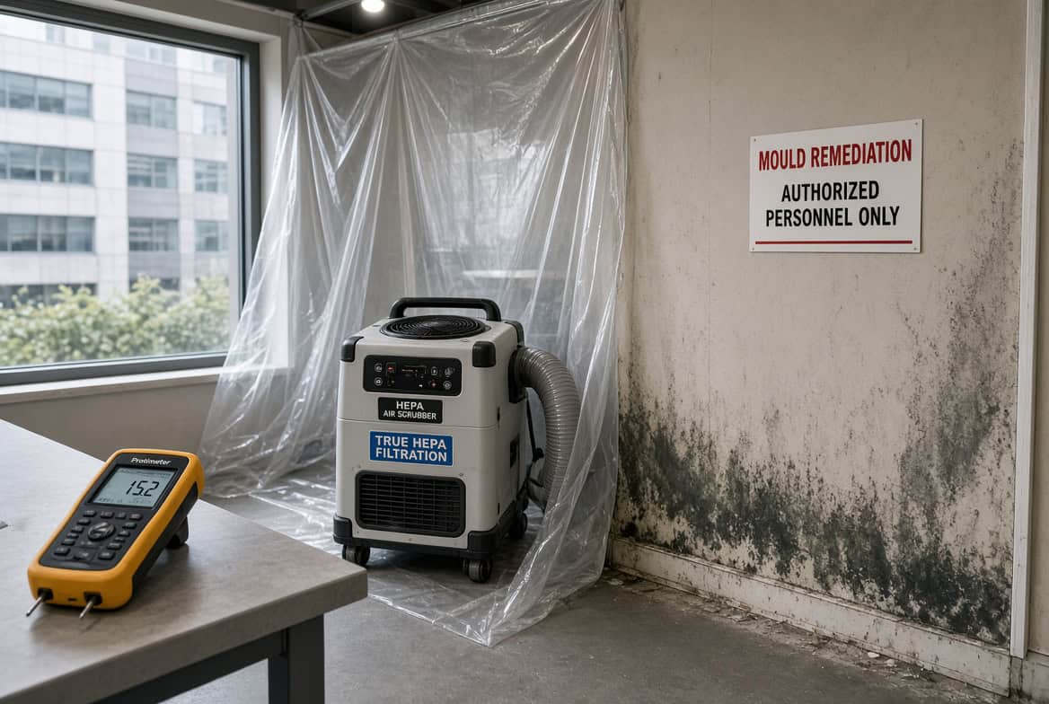 A HEPA air scrubber is positioned near moldy walls covered with black mildew, highlighting active commercial restoration work as part of water damage restoration. A meter displaying 15.2 rests on a counter below a sign stating MOULD REMEDIATION AUTHORIZED PERSONNEL ONLY, underscoring the specialized nature of commercial fire restoration and commercial water damage restoration efforts. Plastic sheeting covers one corner, further emphasizing ongoing professional fire damage and water damage remediation in this commercial space.
